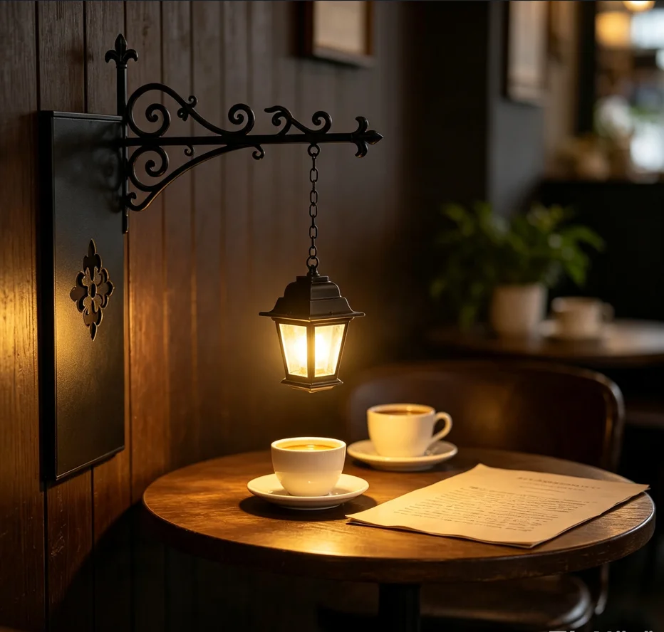 Vintage Wrought Iron Lantern LED Lamp, Hanging Night Fixture with Decorative Bracket for Bookshelf Home Office Use