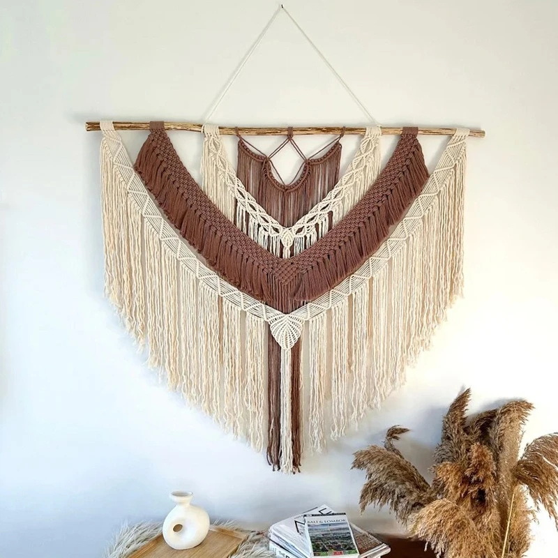 Nordic milky white with coffee tassel flat knot large tapestry sofa background B & B shopping mall home decoration