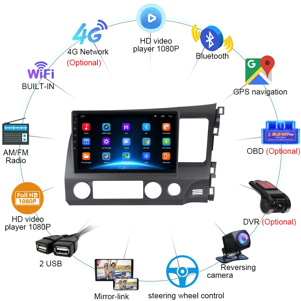 Android Car Radio Multimedia for Honda Civic RHD 2005 - 2012 Multimedia Player 2 Din Right Hand Drive Navigation GPS Carplay DVD