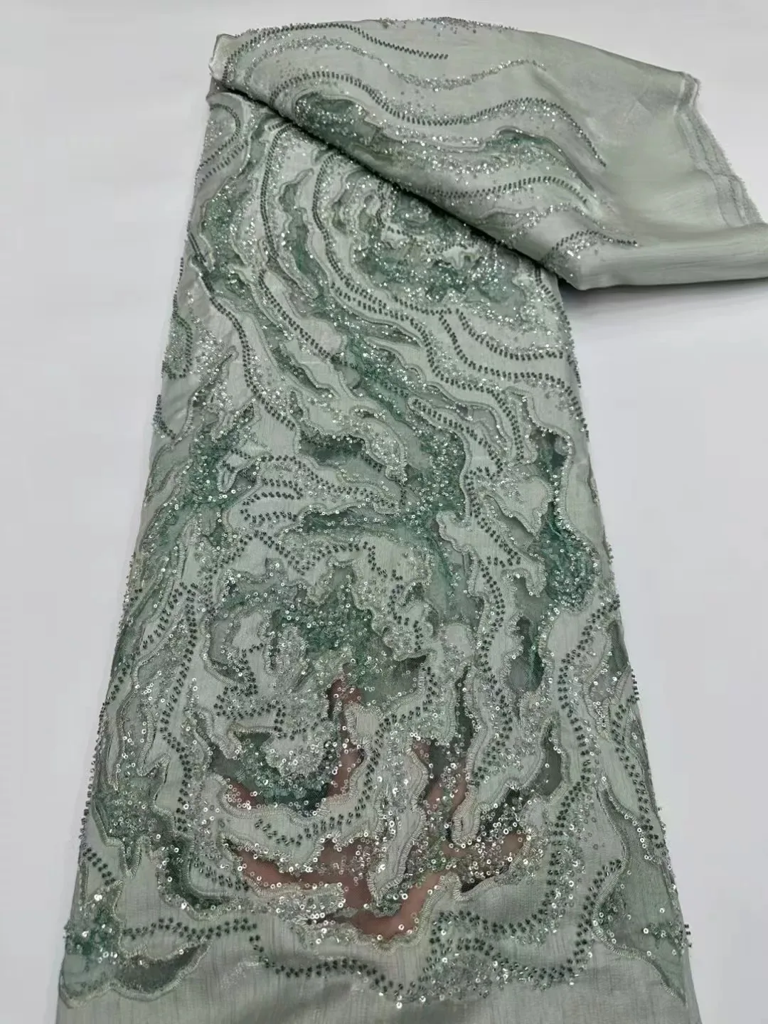 Tela de encaje suave con lentejuelas de perlas de 5 yardas, tela de diseñador para vestidos de noche, cheongsam de boda, para confección de ropa.