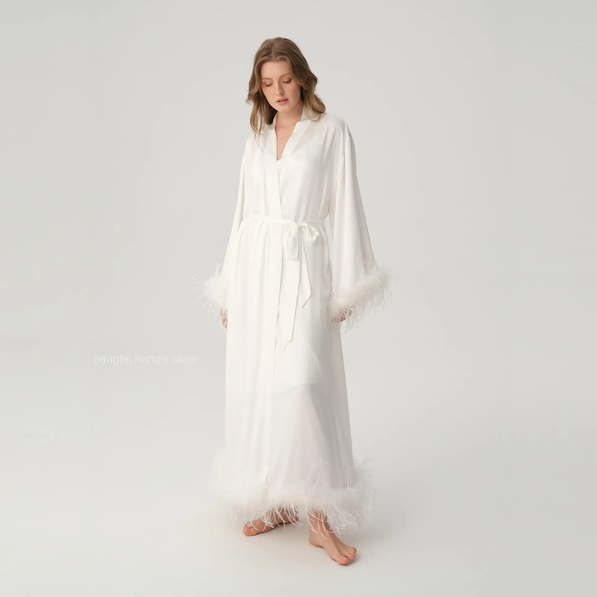 Women Satin Feather Trim Robe Long Sleeve Belted Maxi Bridal Morning Gown Elegant Bathrobe Soft Home Sleepwear Loungewear