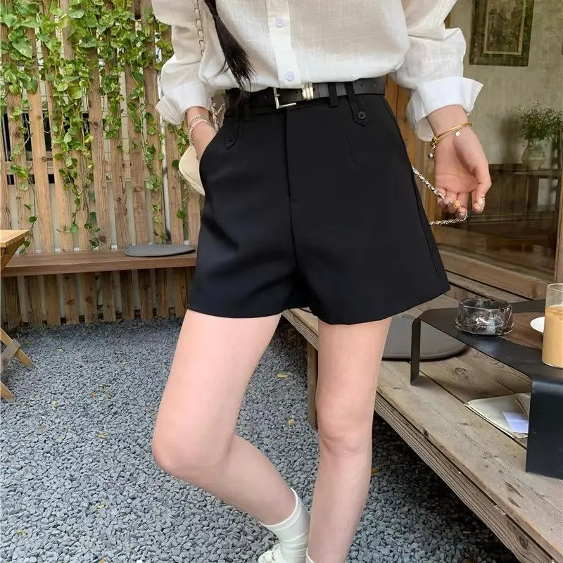 Chic Fashion Office Lady's Shorts with Belt Elegant Women's Straight Leg Korean Matching Basic Female New Wide Leg Shorts Wh9