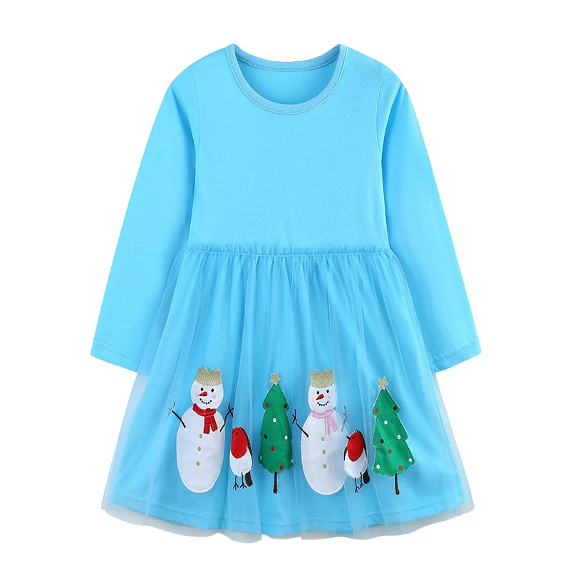 

2-7T Christmas Girls Dresses Snowman Applique Long Sleeve Children's Autumn Spring Kids Clothes Birthday Toddler Kids Frocks