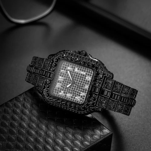 Imagen 2 del producto Relojes para hombre con diamantes negros completos, reloj de cuarzo Iced Out Hip Hop para hombre y mujer con calendario, reloj de mano luminoso, envío directo