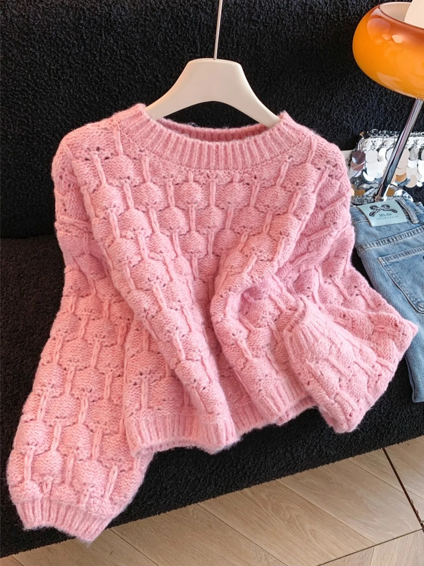 

Милый розовый мягкий свитер, женская свободная верхняя одежда, осенне-зимняя трикотажная ткань, круглый Ne ort Sle, чистый цвет, моющийся