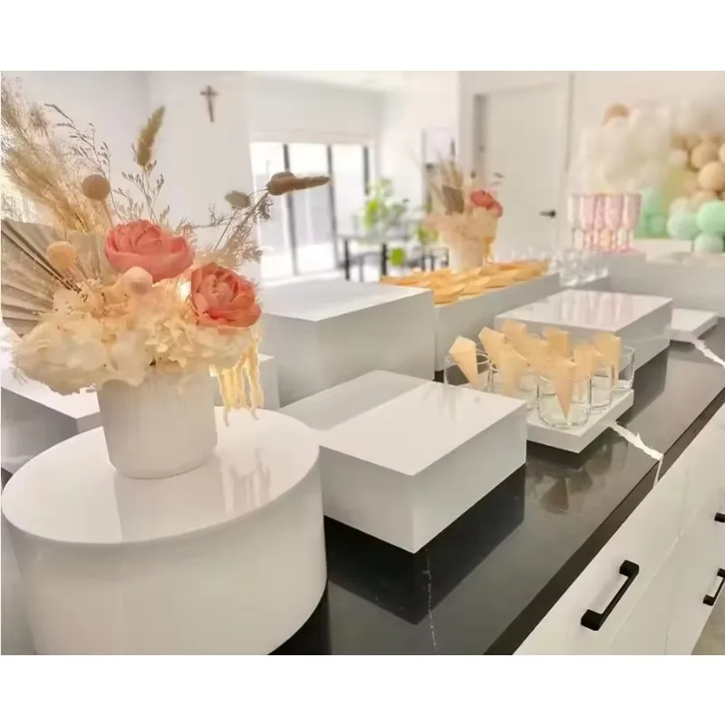 Custom Modern Wedding Cake Shape White Acrylic Buffet Riser - Food Bottom Box Display White