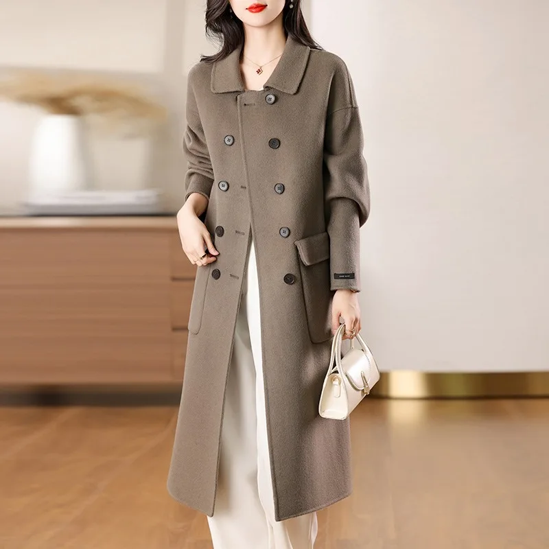 

НОВИНКА 2026, НОВОЕ осенне-зимнее кашемировое пальто, женское двубортное модное облегающее пальто из чистой шерсти, высококачественное пальто