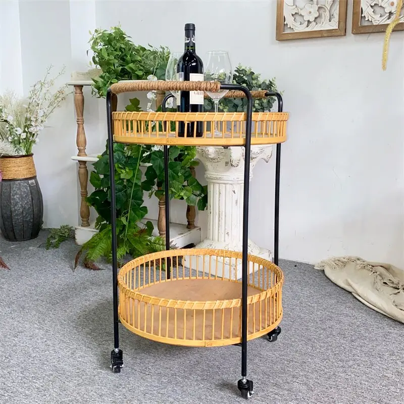 American rattan sofa side table movable coffee table small apartment size wrought iron cart with wheels round Japanese side