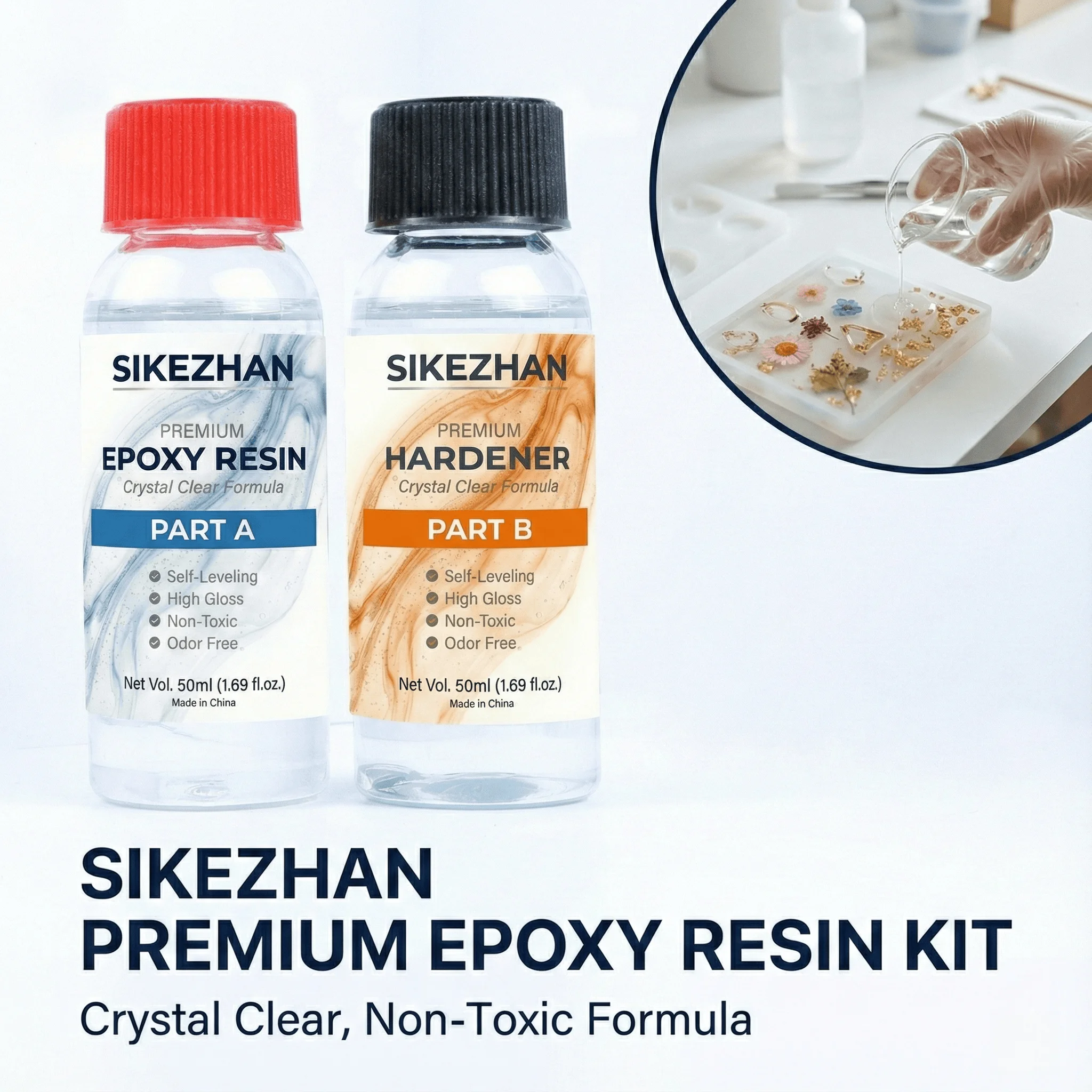 SIKEZHAN Crystal Clear Epoxy Resin Kit 3.4oz/100ml for Jewelry Making & Art. Non-Toxic, 1:1 Ratio, Self-Leveling, Bubble Free