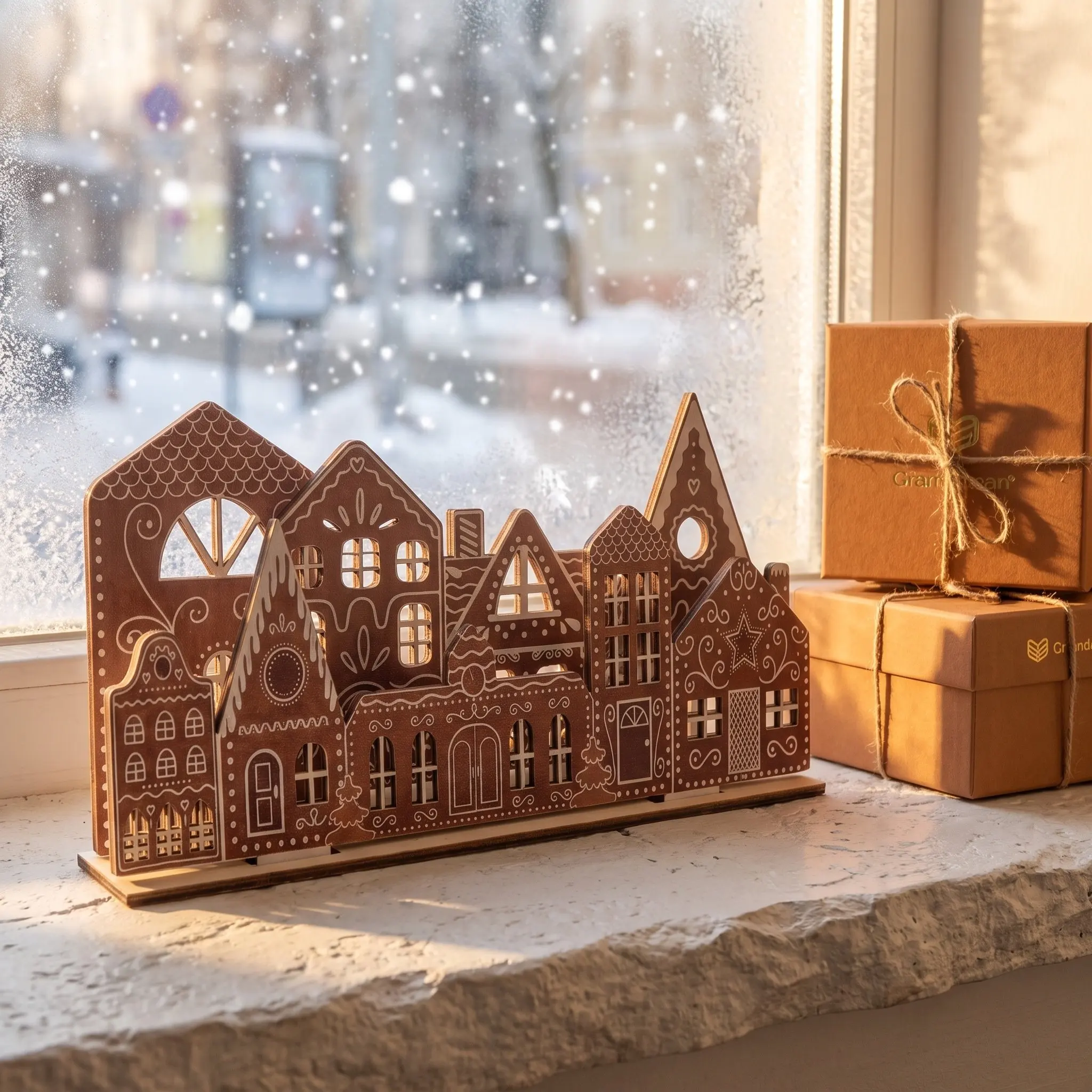 Wooden Christmas Village Figurine Rustic Gingerbread House Tabletop Centerpiece Cottage Ornament Farmhouse Holiday Desk Decor