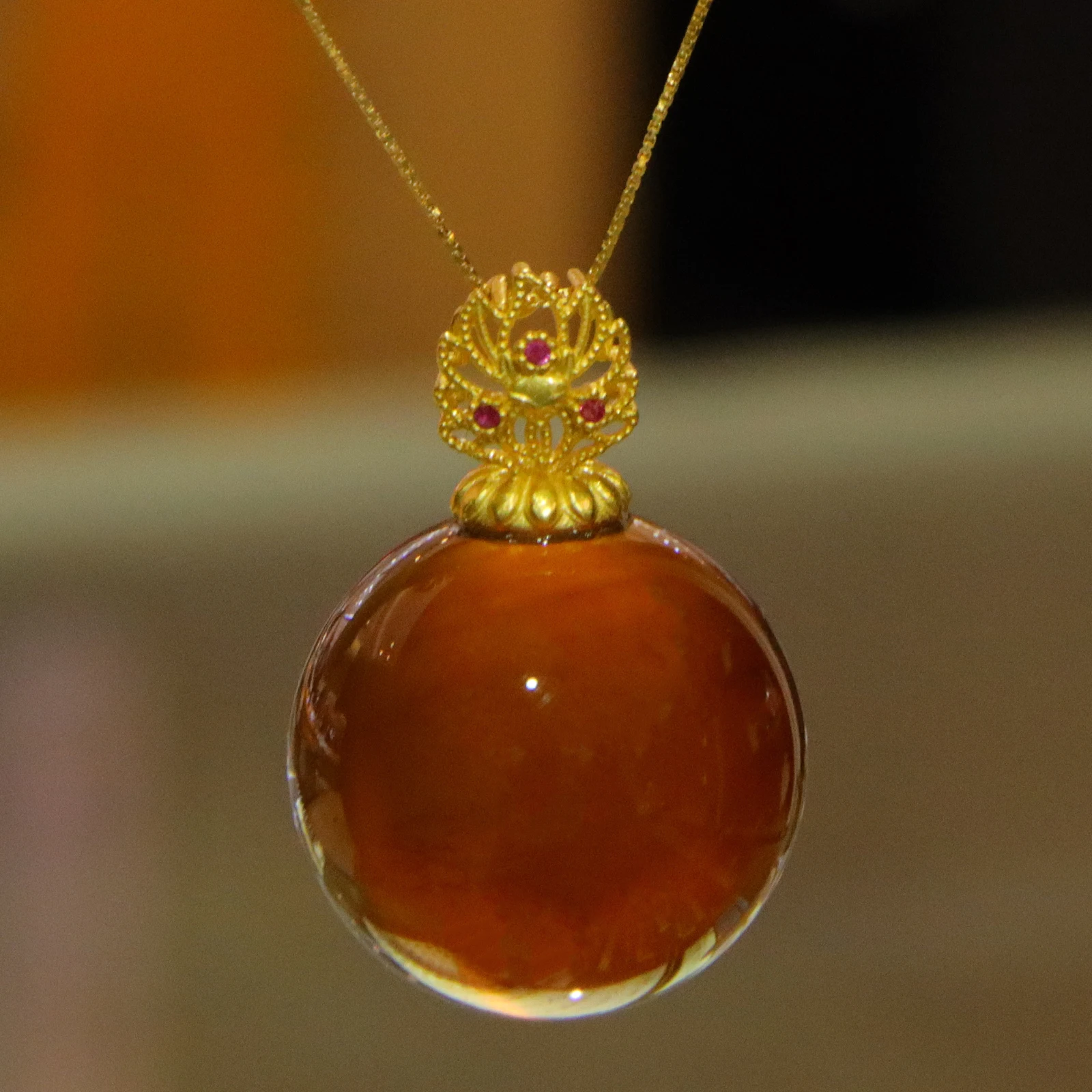 

Sterling Silver Nine Tailed Fox Clasp Natural Purple Honey Amber Pendant Necklace 22.3mm Round Bead Gemstone Jewelry