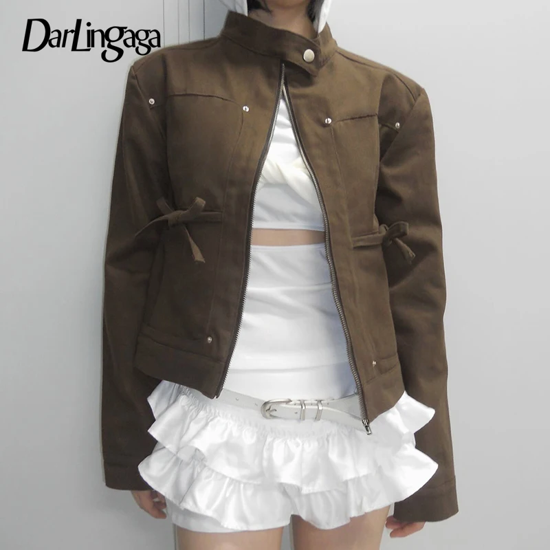 Darlingaga Vintage Fashion Brown Bow Autumn Jacket Women Tie-Up Streetwear Slim Zipper Up Women Coat Outwear Trench Korean 2025