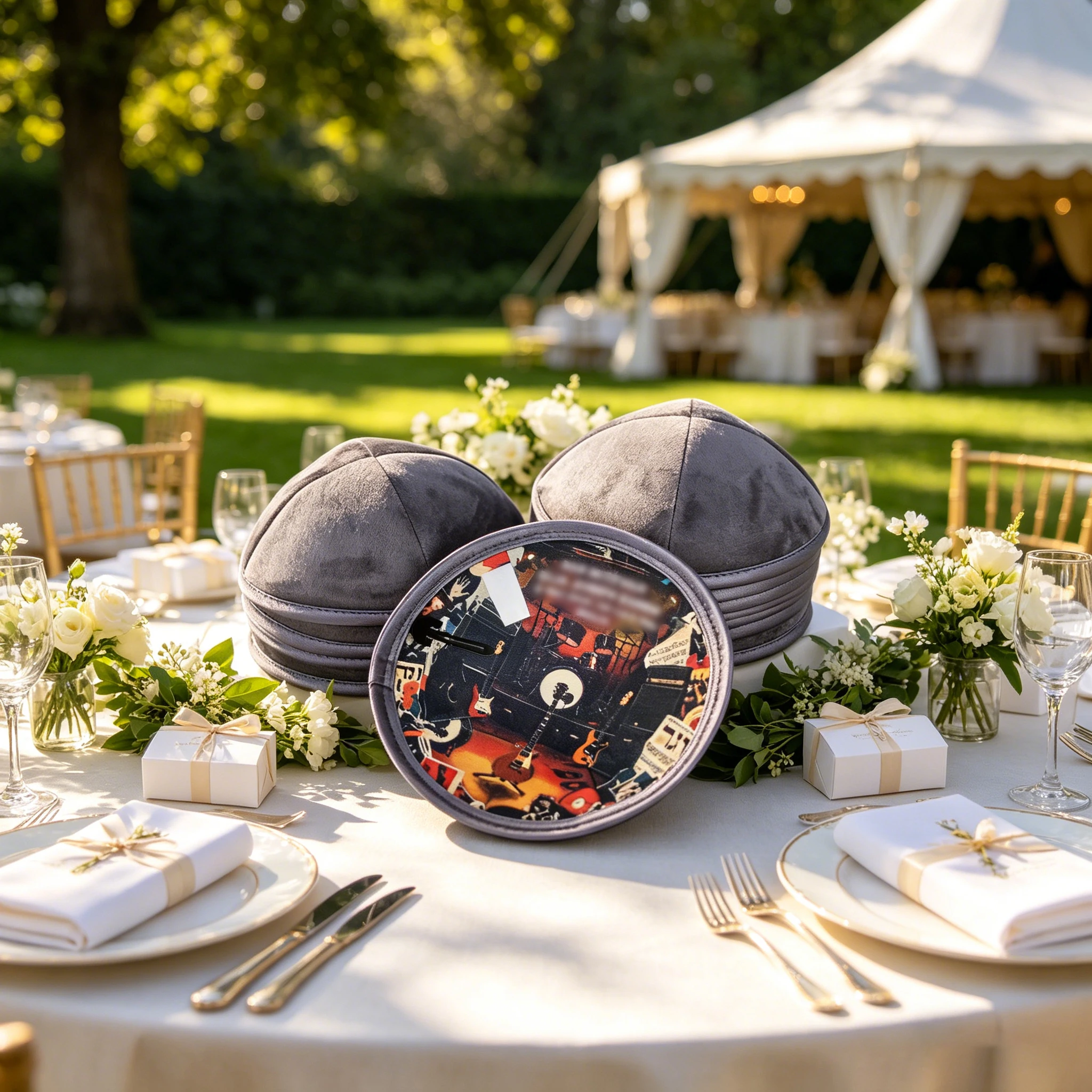 

Custom embroidered linen kippah, custom digital printing, ideal for weddings and bar/bat mitzvah ceremonies.
