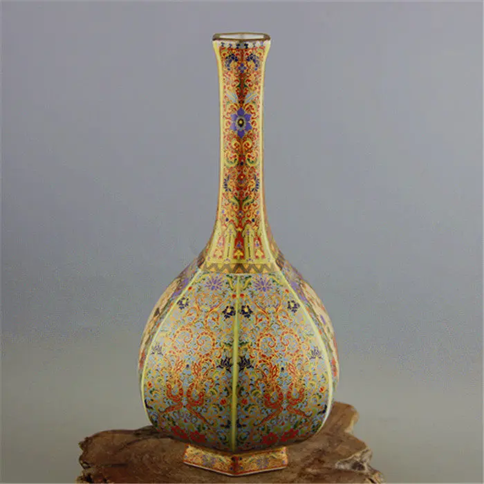 Qing Dynasty Yongzheng Cloisonne Bird and Flower Pattern Hexagonal Gall Bottle Jingdezhen Aged Imitation Ancient Porcelain Antiq