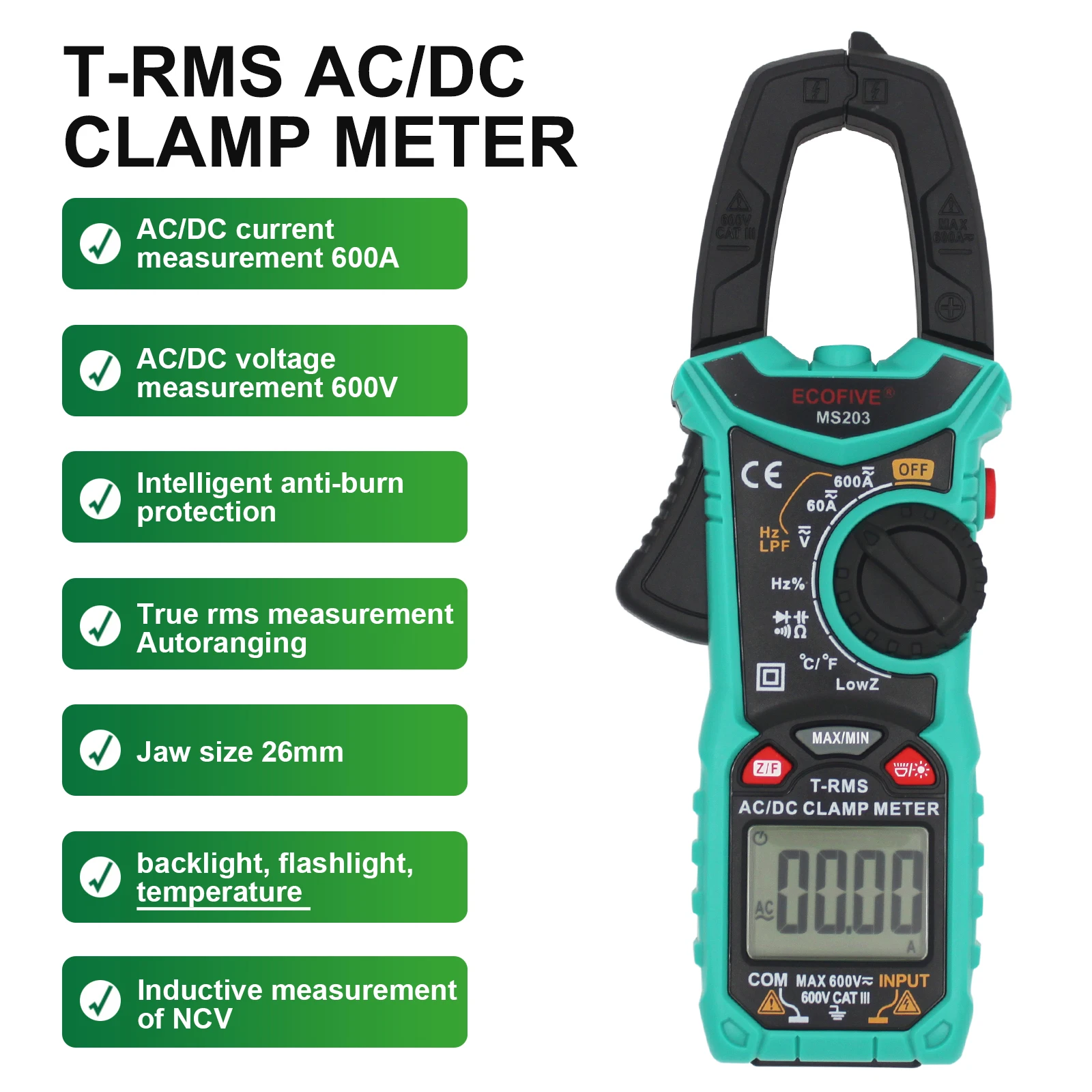 MS203 Digital Current Clamp Meter AC/DC Current Voltage 6000 Counts NCV Trms USB Clamp Meter Mulitimeter Tester