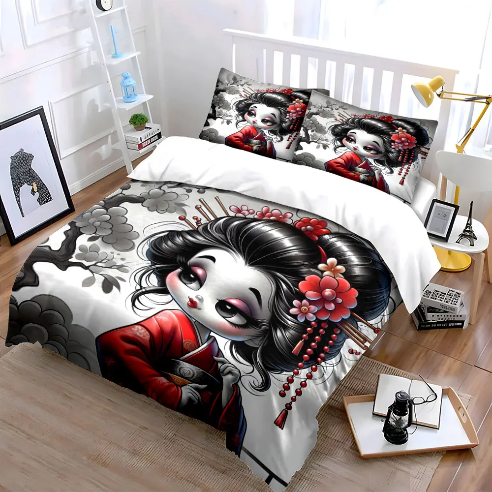 Elegant Japanese Geisha Illustration Printed Duvet Cover Set1 Duvet Cover+2 PillowcaseMulti Size Bedroom Bedding Decoration