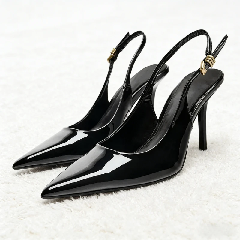 

Women's Shoes Sexy Black Pointed Toe Patent Leather Pumps Women Luxury Metal Ankle Strap Buckle Designer Shoes Zapatos De Mujer