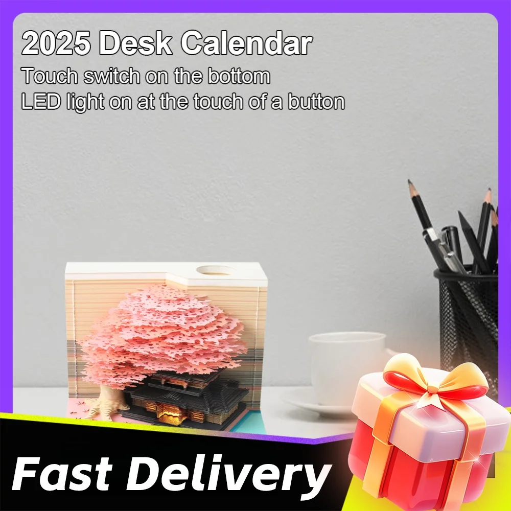 3D Desk Calendar 2025 Tear-Away 3D Paper Art Notepad with LED Light Paper Carving Calendar Memo Pad Calendar for House Gift