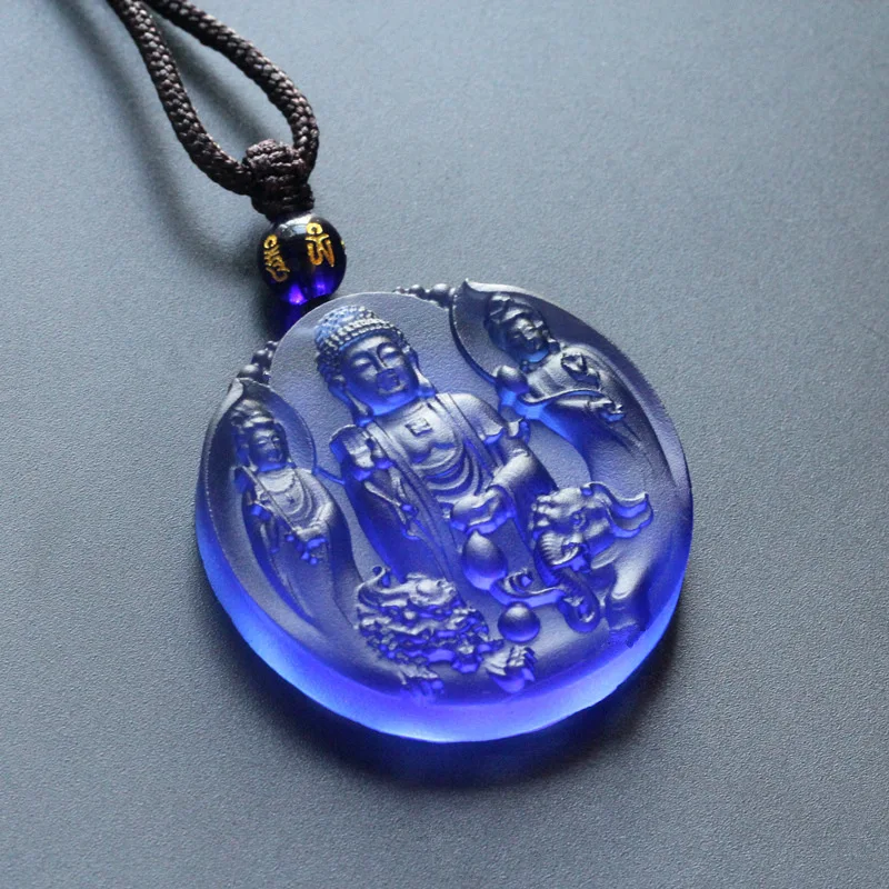 Chinese Style Lucky Blessing Blue Ancient Liuli Glass Three Saints Of Huazang Buddha Pendant Amulet Necklace For Men Women Sweat