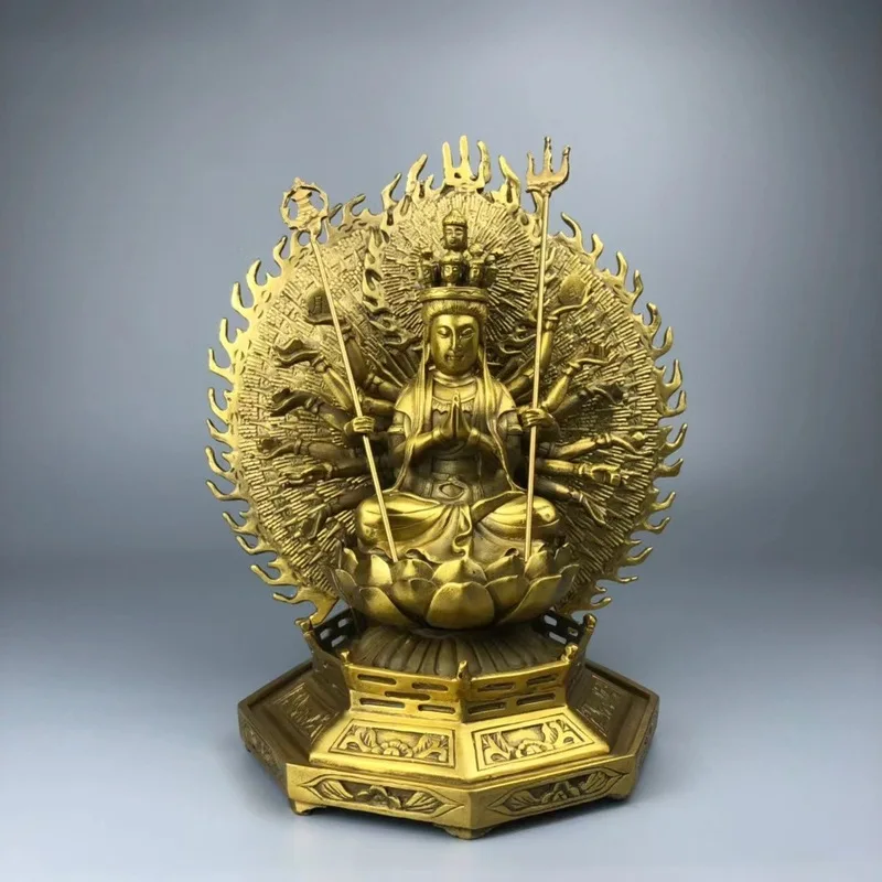 All-copper backlit thousand-armed , Guanyin statue for home entrance, temple offerings and decorations