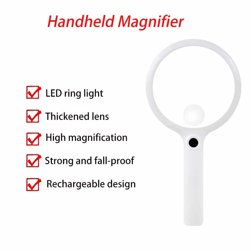 

USB Rechargeable Handheld Illuminated Magnifier Portable LED 3 Lighting Modes Handheld Magnifying Glass for Seniors Reading