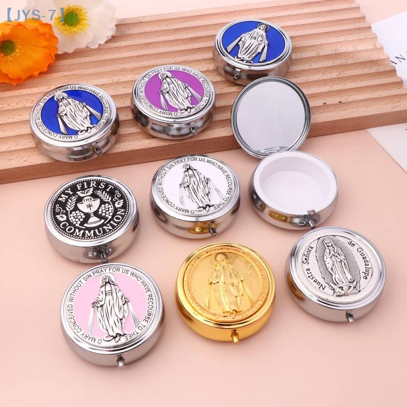 

Retro Metal Holy Communion Saint Benedict Rosary Gift Boxes Round Religious Jewelry Packing Case