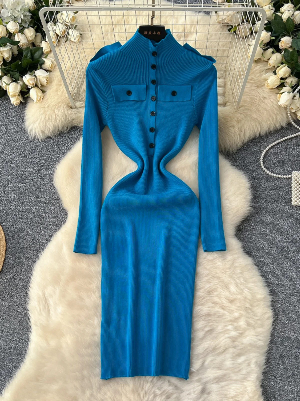 Vestido E de Malha de Cintura Alta para Mulheres, Camada Base Slimming de Outono Inverno, Vestido Longo Estilo Coreano...
