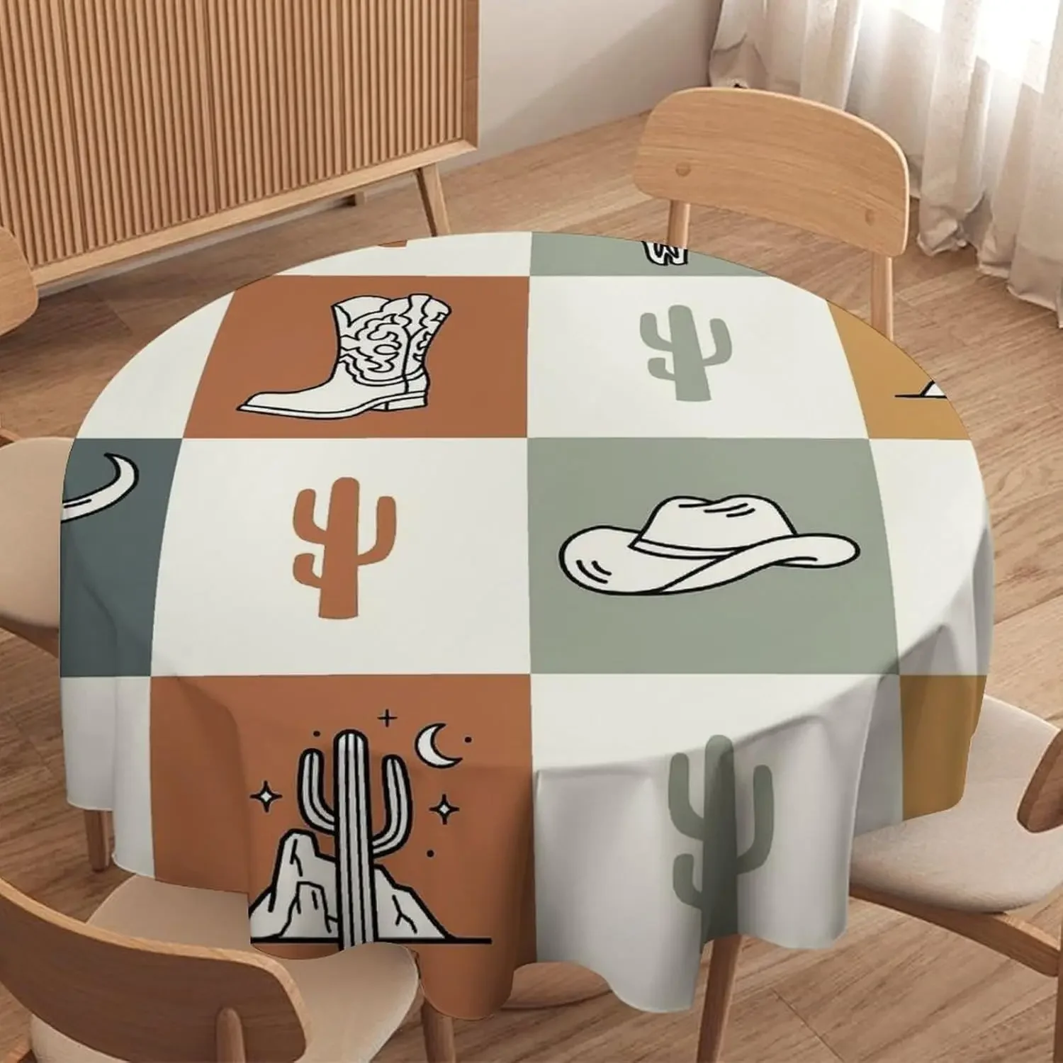 Vintage Cowboy Cactus Wild West Circle Tablecloth - Rustic Farmhouse Theme Home Party Dining Kitchen Cover