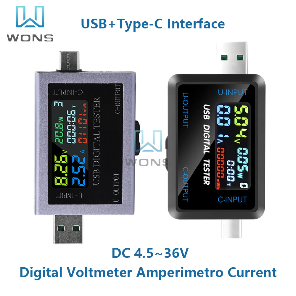 USB+Type-C Multi-function Digital Display DC Voltage Ammeter Power Meter DC 4.5~50V Voltmeter Ammeter Charger Capacity Tester