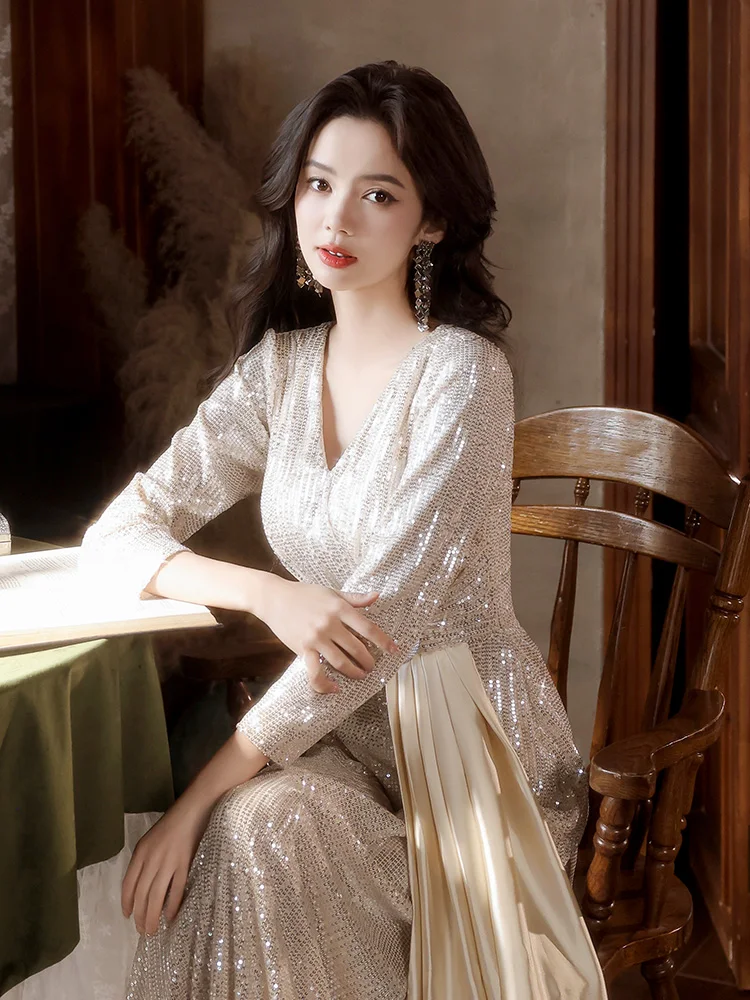 

Ele Evening Gown for Annual Conference Host Faionable Mid-Waist A-Line Skirt Long Dr Sparkling Beads Deep V-Ne