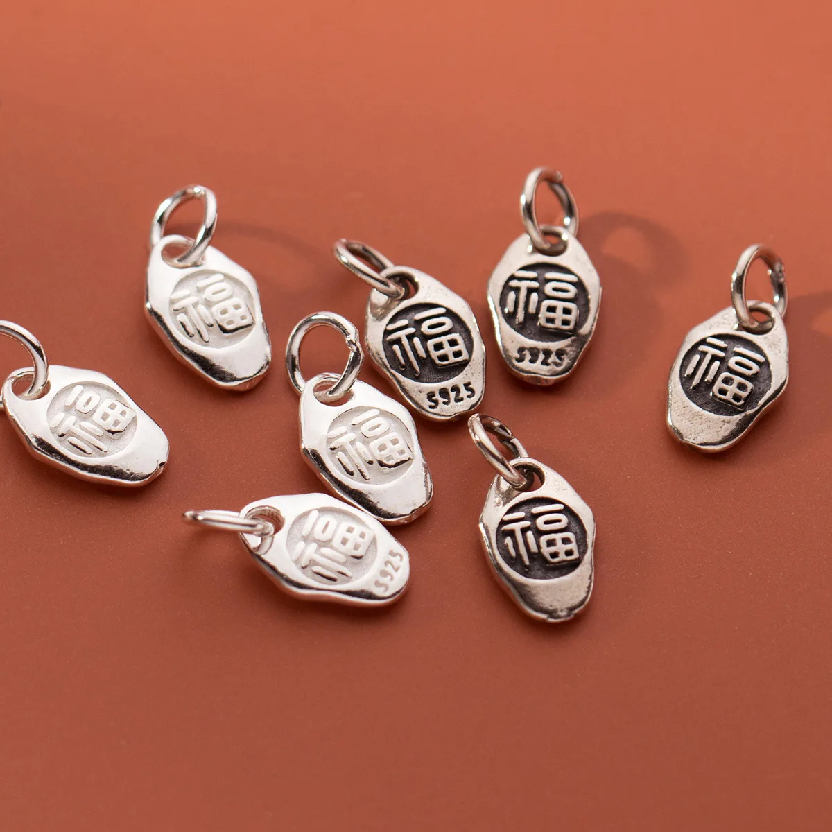 1pc/Lot S925 Silver Good Luck Chinese Blessing Pendants 11.7x2.5mm Irregular Silver Dangler Lucky Charms DIY Jewelry Accessories