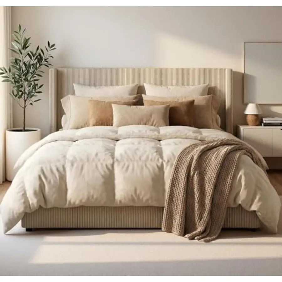 Corduroy Upholstered Bed Frame for Bedroom Use, Brown Fabric, 4 Built-in Storage Drawers for Space-Saving Organization