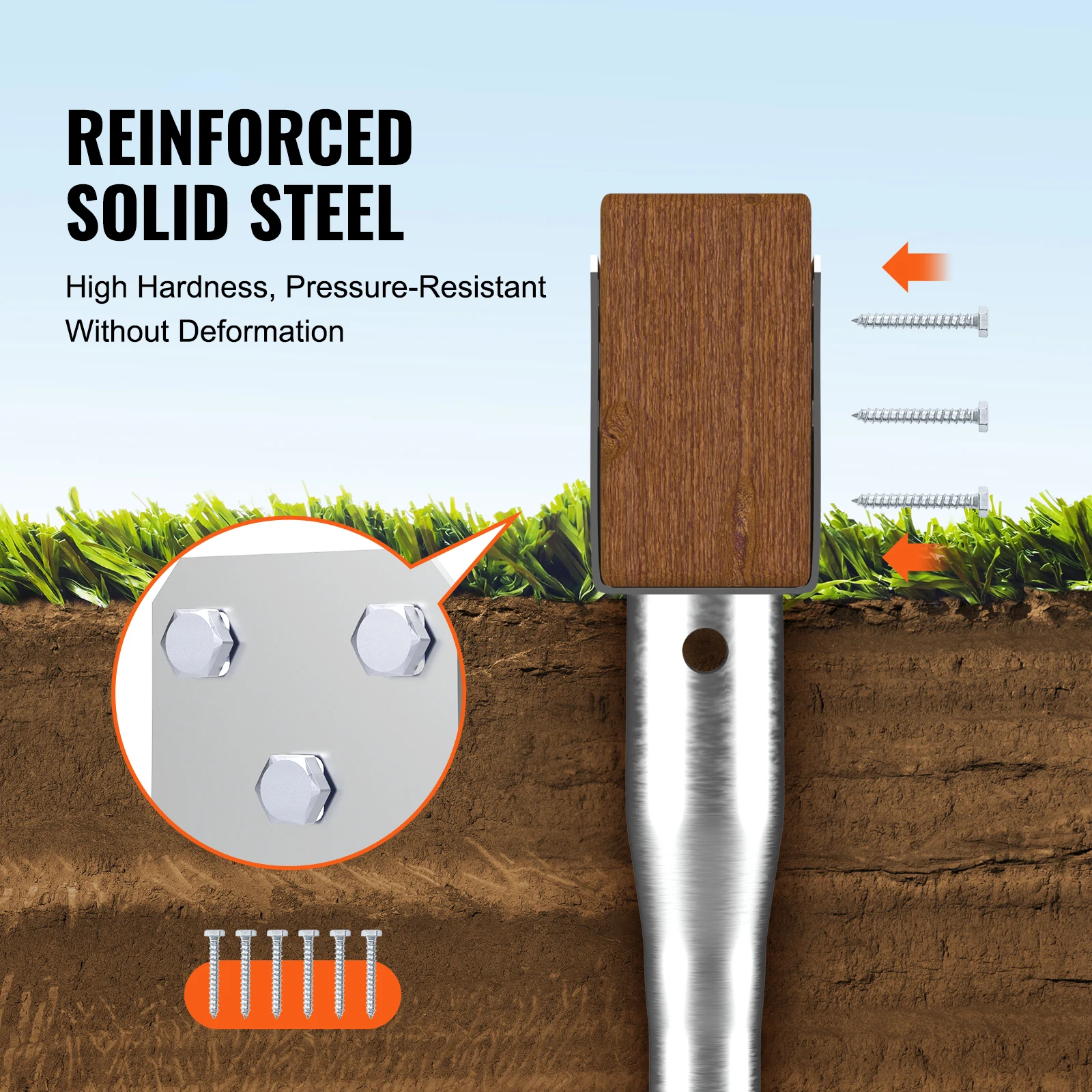 VEVOR No Dig Ground Anchor 3.94 x 2.76 x 27.56 in DIY Screw in Post Stake Includes 6 Lag Bolts a Rebar U-Shape Holder
