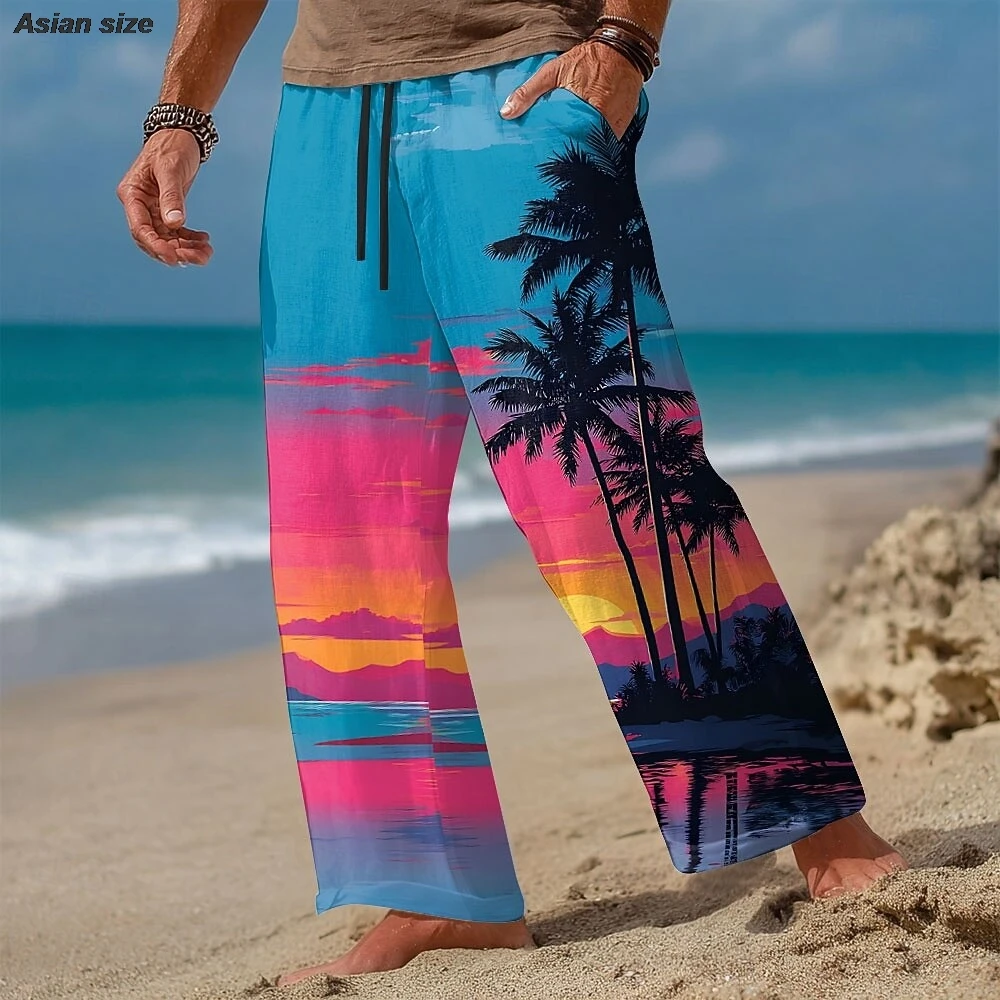 

Men's Coconut Tree Nature Landscapes Tropical Plants Trousers Baggy Pant Mid Waist Hawaiian Vacation Elastic Drawstring Waist