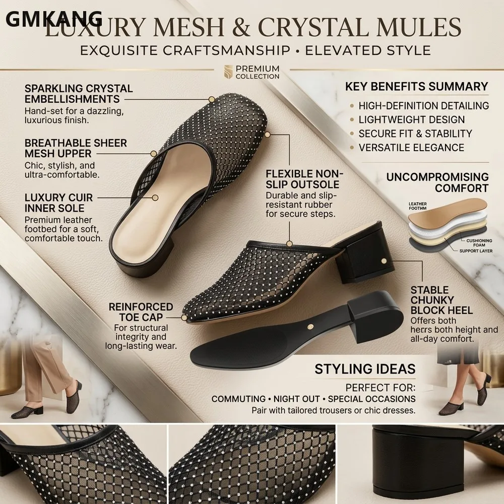 Women’s Mesh Rhinestone Square Toe Platform Mary Jane Sandals – Chunky Heel, Buckle Strap, Breathable Net Fabric, Casual