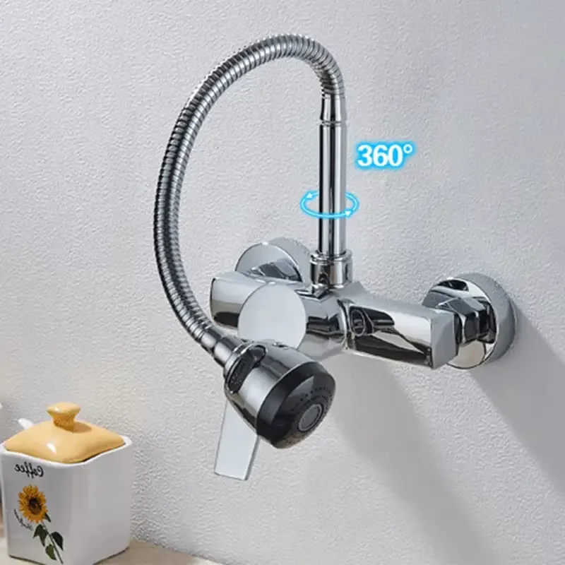 Hot and Cold Wall Faucet Kitchen Sink Mixer Double Hole Faucet Universal Rotation Bathroom Faucet WashBasin Tap Household