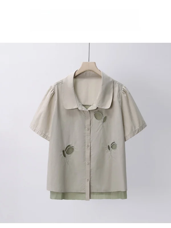 

Fashionable Patchwork Short Sleeve Shirt Spring Tulip Color Block Women's Casual Cotton Shirt Breathable Comfortable Fit