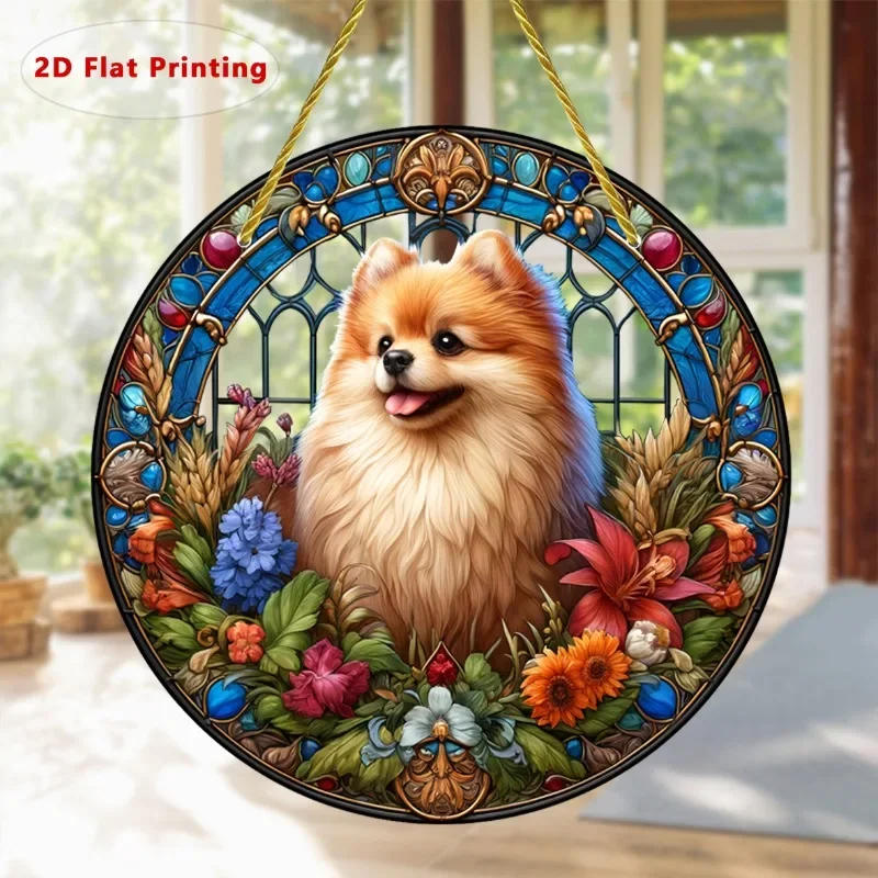 Entzückender runder 2D-Sonnenfänger für Pomeranian-Hunde – bunter Garten-Lichtfänger aus Acryl für die ganze Jahr über Heim- und Fensterdekoration