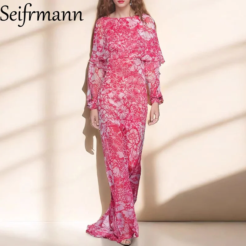 

Seifrmann Fashion design Women's Long Dress Round neck Long-Sleeved Flounced-Edge Print Loose Casual Dresses