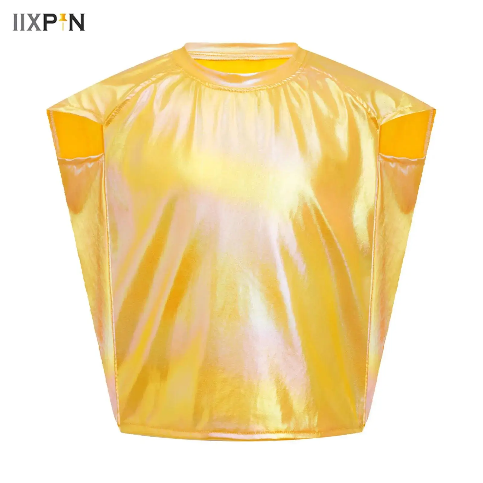

Kids Girls Boys Jazz Dance Top Tee Cap Sleeve Round Neck Shiny Metallic T-Shirt Hip-hop Cheerleading Dance Performance Costume