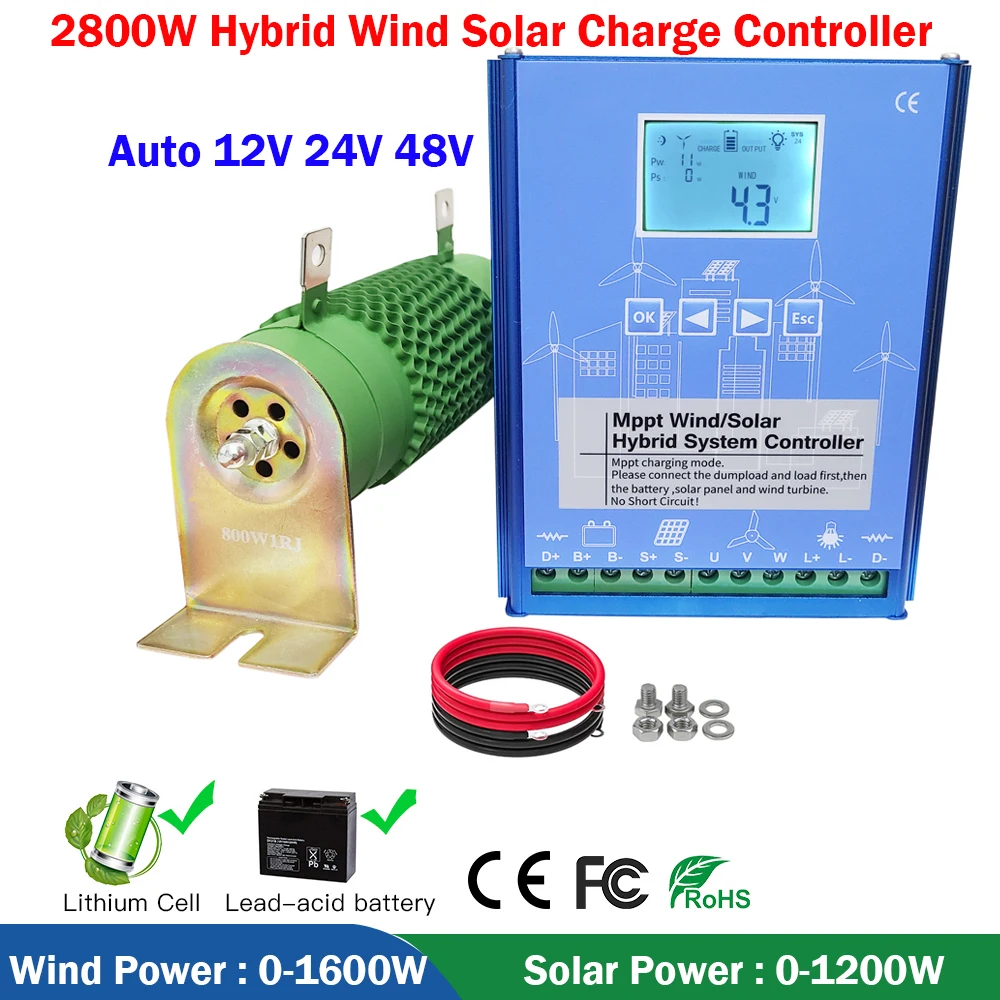 2800W 12V 24V 48V MPPT Wind Solar Hybrid Controller Boost Charger Free Dump Load Support Lithium Lifepo4 Lead Acid GEL Battery