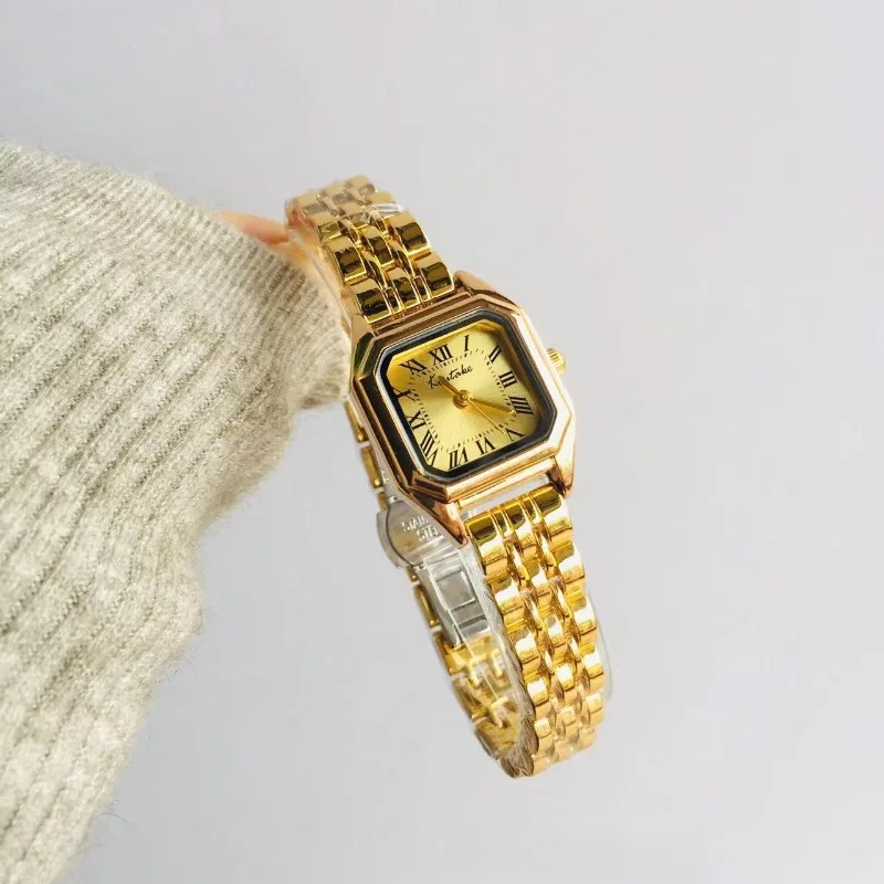 Famous Brand Women Watch Small Square Roman Dial Watches Adjustable Stainless Steel Strap Gold Watch Butterfly Buckle Wristwatch