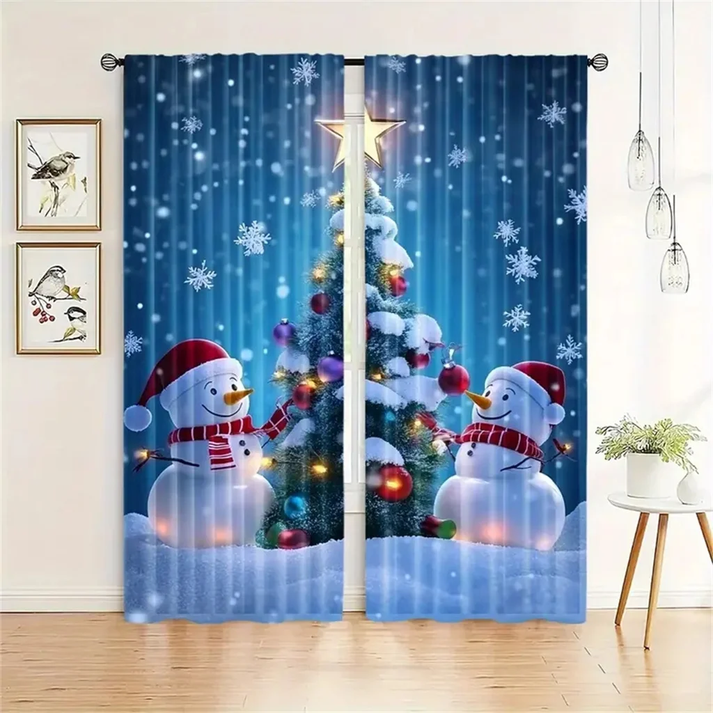 2pcs Christmas Snowman Tree Curtains Rod Pocket Curtain Perfect For Bedroom, Office, Kitchen, Living Room, Study & Home Decor