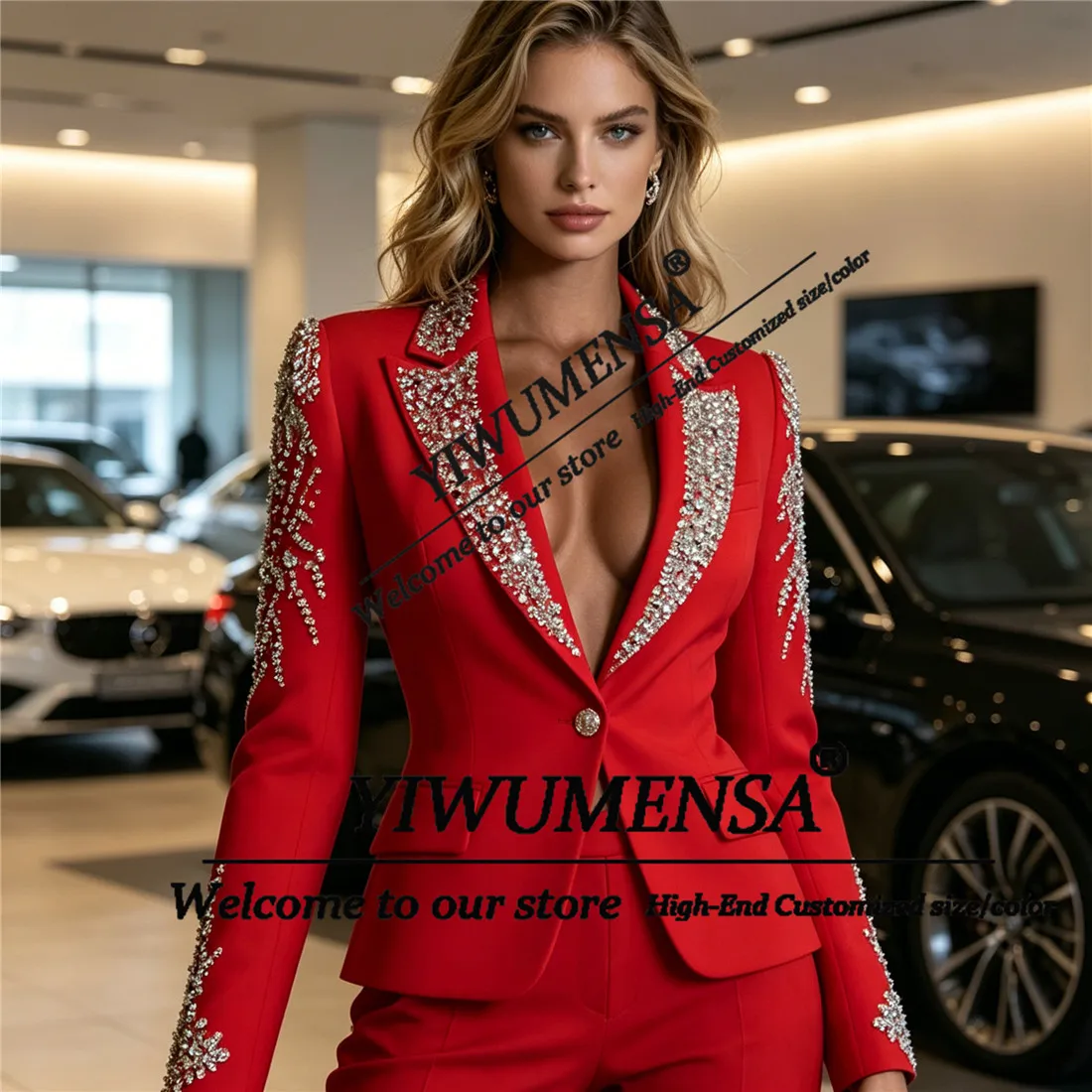 Luxury Women Suits 2 Pieces Sets Crystals Beading Prom Blazer Pants Customized Lady Business Party Tuxedos Formal Wear Outfits