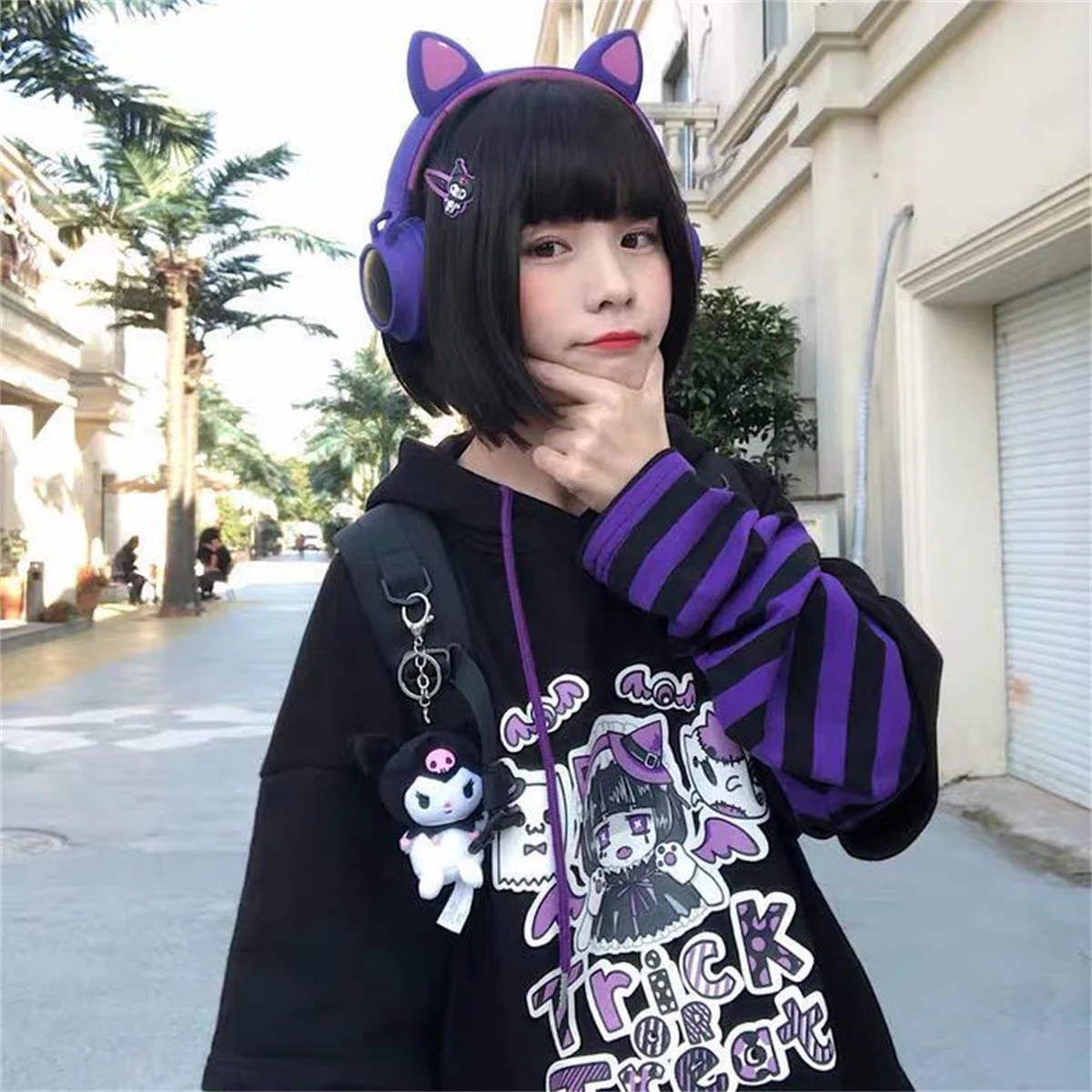 Cute Harajuku Patchwork Hoodie Streetwear Hip Hop Women Sweatshirts Casual Autumn High Street Tops Funny Harajuku Striped Hoodie