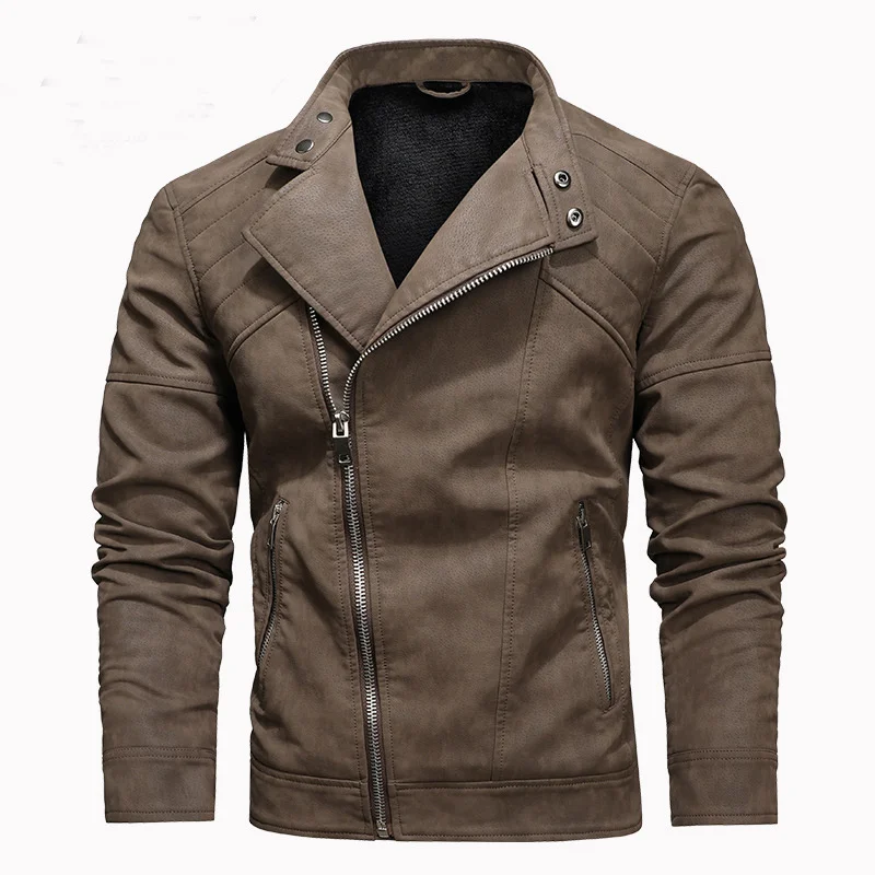 Winter Mens Pu Motorcycle Fleece Leather Jackets Oblique Zipper Stand Collar Locomotive Coat Fashion Male