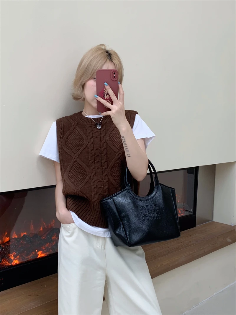 

Wool Vintage Twisted Flower Overlay Knitted Vest Women's Fried Dough Twists Sweater Autumn Winter Versatile Top