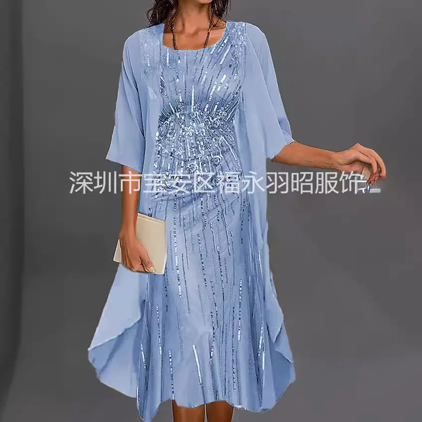 Elegante Formale Party Kleider Frauen Glänzende Pailletten Drucken Halbe Hülse O Neck Kleid Mit Chiffon Schal Abendkleid Weibliche Kleid