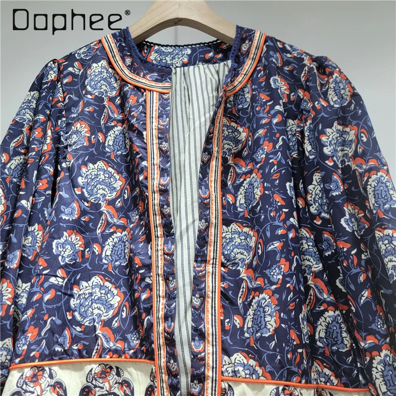 

Vintage Court Style Print Splicing Color Round Neck Short Jacket Women's French Fashion Bubble Sleeves Loose Slim Shirt Female
