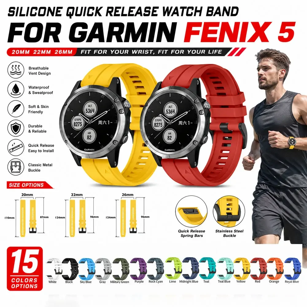 22MM 20MM 26MM Silicone Strap Compatible with Garmin Fenix 5 6 7 Waterproof Breathable Watch Band for Garmin Fenix 8 8 Pro